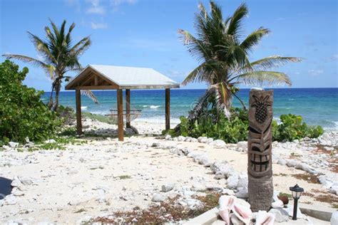 Tropical Island Tiki Hut Ocean View Scene Stock Photo - Image of trees ...