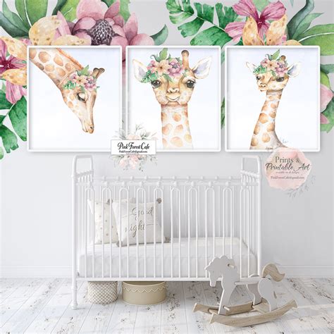 3 Boho Giraffe Wall Art Print Floral Tropical Nursery Zoo Baby Girl Ro ...