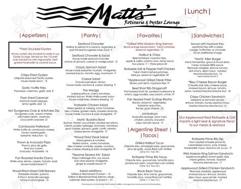 Menu at Matts' Rotisserie & Oyster Lounge pub & bar, Redmond