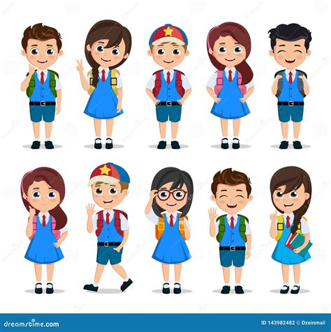 Student Characters Vector Set. School Kids Cartoon Characters Wearing School Uniform with ...