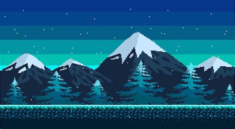 Premium Vector | Pixel art background snowy mountains at night landscape for game or application ...