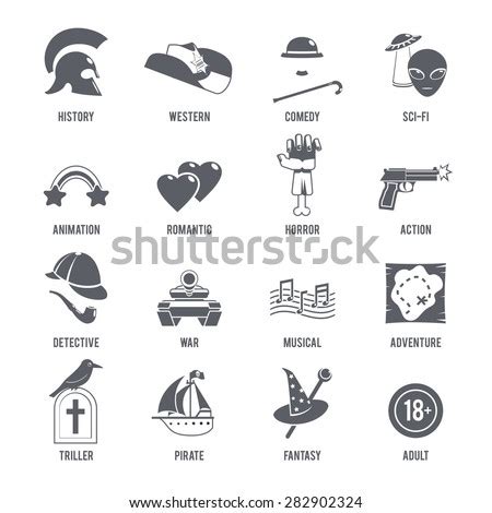 Film Genres Icons Black Set With History Western Comedy Sci-Fi Symbols ...