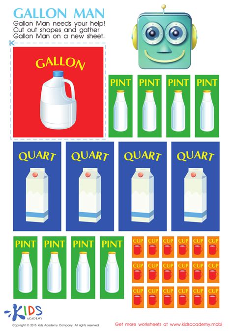 Cups, Pints and Quarts With Gallon Man Worksheet: Math Printable PDF ...