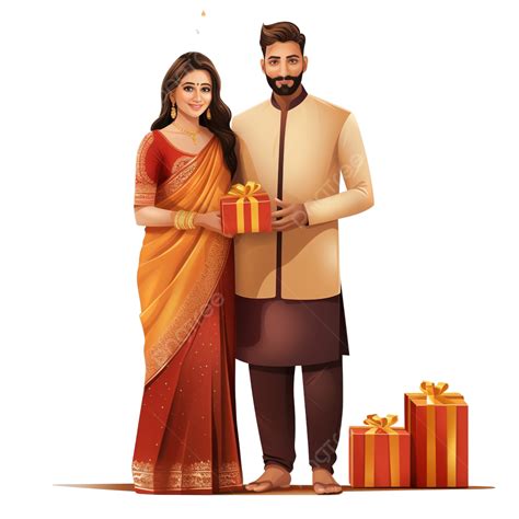 Smart Indian Couple Standing With Gift Boxes On Diwali Festival Or ...