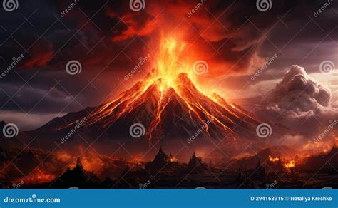 Volcano Eruption at Night. Natural Disaster, Volcano Explosion Stock ...