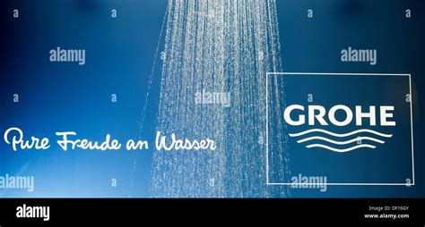 The Grohe logo behind a shower in Duesseldorf, Germany, 26 September 2013. Bathroom fittings ...