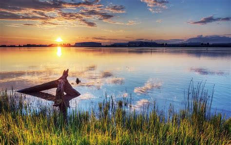 Lake Sunset, brown, grass, orange, yellow, bonito, clouds, superb, l ...