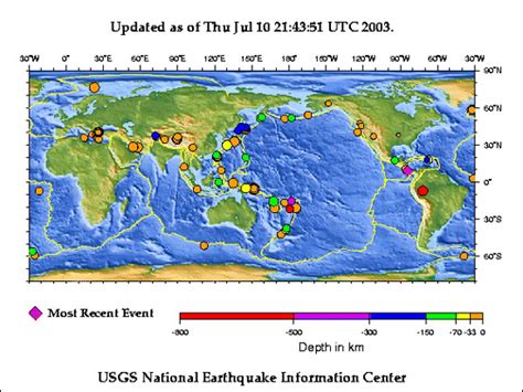 Recent earthquakes plotted on world map