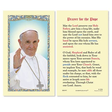 Prayer for the Pope Francis Laminated Cardstock Catholic Holy Card, 4 3/8 Inch: Buy Online in ...