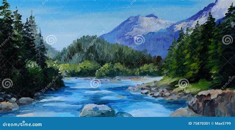 Oil Painting - Mountain River, Rocks and Forest, Abstract Drawing Stock ...