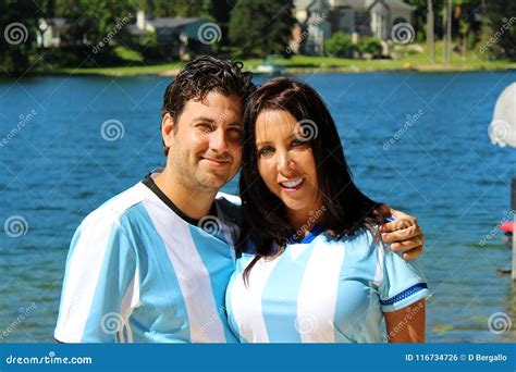 Beautiful Couple with Argentine Jerseys Celebrating Soccer World Cup ...