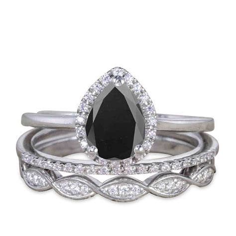 JeenMata - 2 Carat Pear Black Diamond Engagement Ring with 2pcs Vintage Ring Band 10k White Gold ...