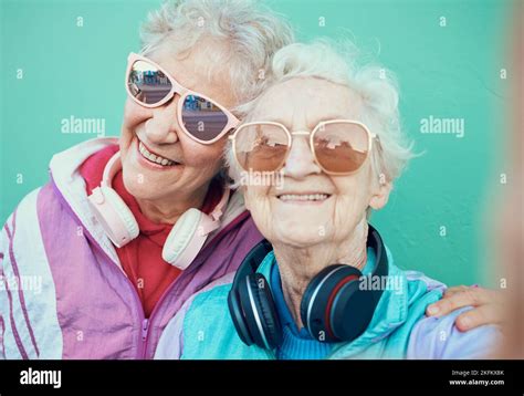 Senior women, fashion and retro selfie friends with sunglasses ...