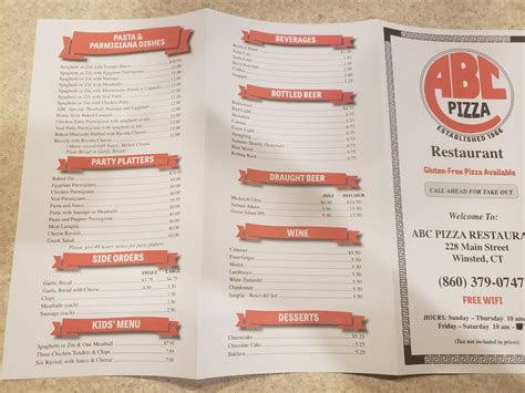 Menu at ABC Pizza House pizzeria, Winsted