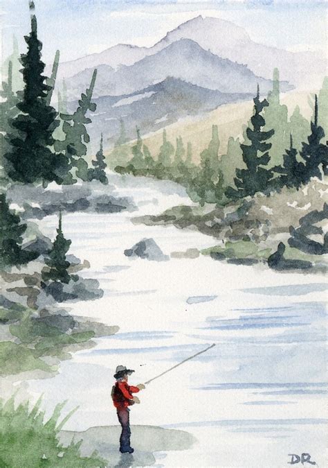 FLY FISHING Watercolor Signed Fine Art Print by Artist DJ