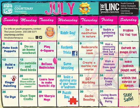 July Activity Calendar for Youth at Home | City of Courtenay