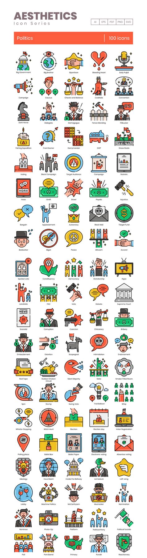 100 Politics Icons Set - Flat Icons