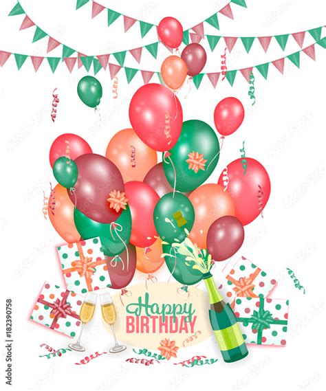 Happy Birthday greeting card with champagne, balloons, presents and ...