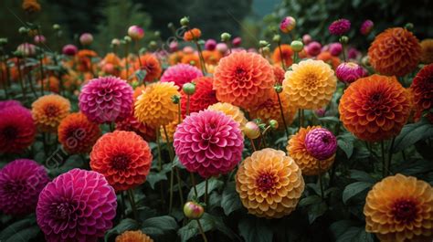 Multiple Colors Of Dahlia Flowers Grow In A Field Of Greenery Background, Colorful Dahlia Flower ...