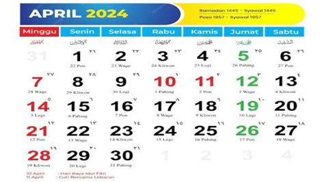 Kalender April 2024, Lengkap dengan Weton Jawa, Libur Nasional, dan Cuti Bersama Idul Fitri 2024 ...