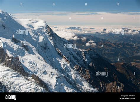 Bossons Glacier and the Arve valley as viewed from the Aiguille du Midi, Chamonix-Mont-Blanc ...