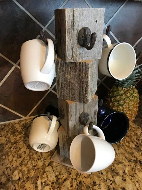 Farmhouse coffee mug tree, Wooden cup holder, Kitchen display stand, Counter top storage hanger ...