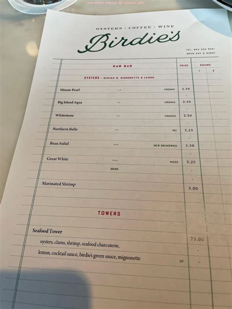 Menu at Birdie's restaurant, Richmond