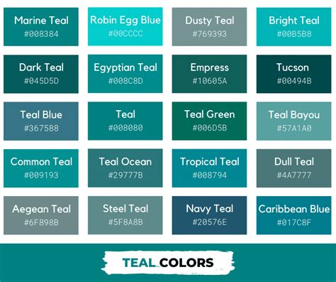 25 Shades of Teal Color With Names, Hex, RGB, & CMYK Codes