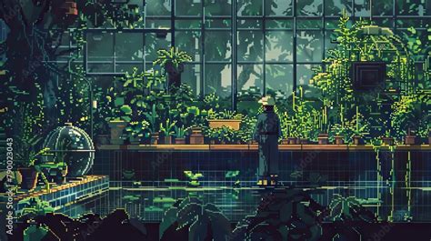 Craft a surreal scene of a gardener tending to biodome plants from ...