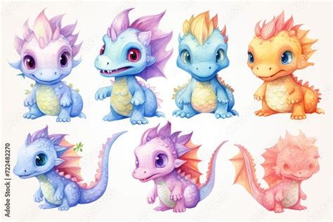 Cartoon dragons sitting together in a group. Can be used for children's books, fantasy ...