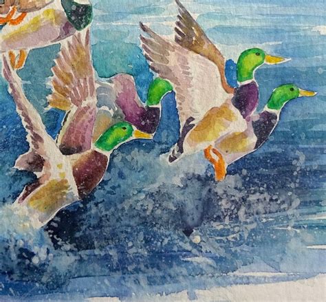 Watercolour painting of flying ducks leaving a lake | Etsy