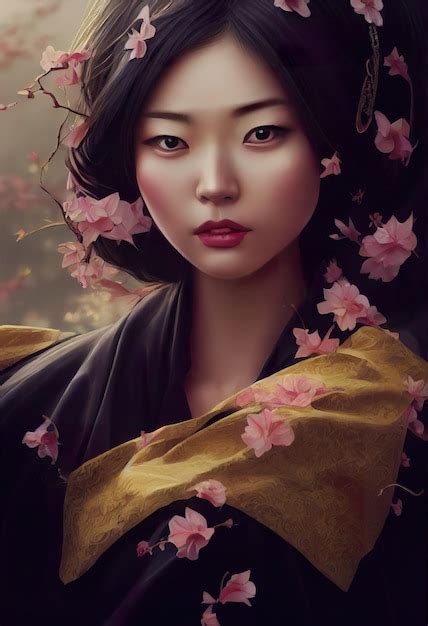 Premium Photo | Asian woman with flowers concept art illustration