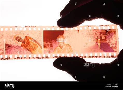 Photographer examining a strip of 35mm colour negative film on a light box Stock Photo - Alamy