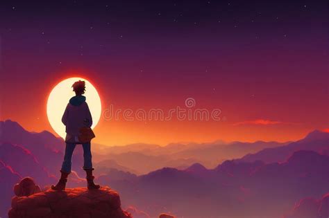 An Adventurer Man Standing on a Hill at Sunset, Dawn Scene Drawn in Animation Cartoon Style, Ai ...