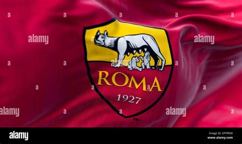 Rome, IT, march 2023: flag of AS Roma waving. AS Roma is a professional football club based in ...