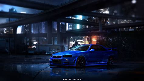 Picture Nissan skyline Khyzyl Saleem ART Blue Cars night 1366x768