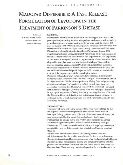 1996 Madopar Dispersible A Fast Release Formulation of Levodopa in The Treatment PD | PDF