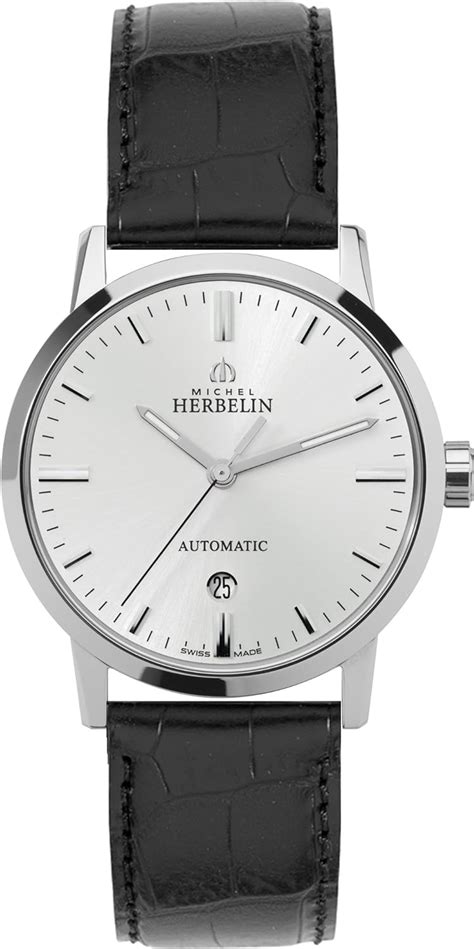 Michel Herbelin Men's Automatic Watch with White Dial Analogue Display and Black Leather Strap ...