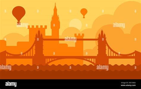 London city landscape with castle and river vector. Great britain capital town antique building ...