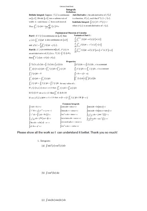 Calculus Cheat Sheetintegrals | Images and Photos finder