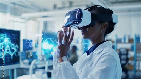 Scientist wearing a VR headset and interacting with virtual reality in the science lab Stock ...