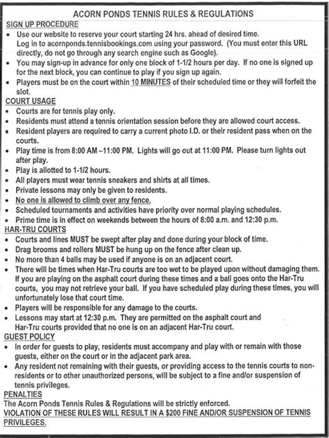 TENNIS RULES AND REGULATIONS | Acorn Ponds