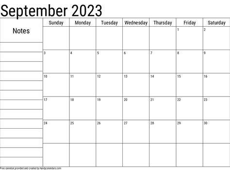 September 2023 Calendar With Notes - Handy Calendars