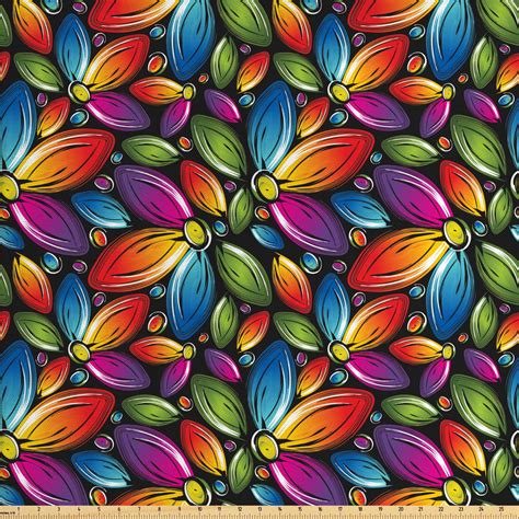 Floral Fabric by The Yard, Colorful Flowers with Half Petals Pattern Rainbow Themed Design ...