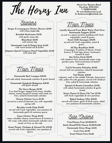 Menu at The Horns Inn pub & bar, Southampton