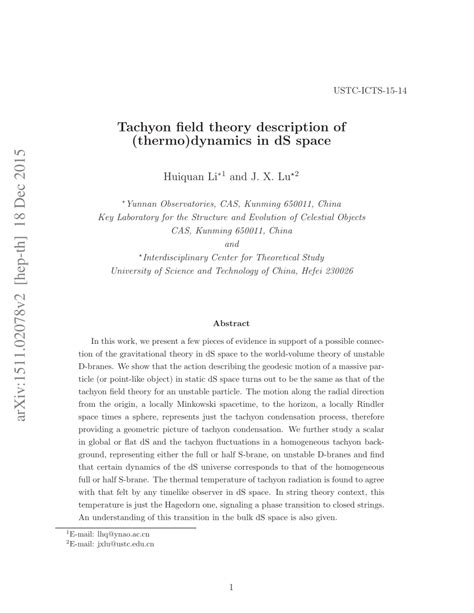 (PDF) Tachyon field theory description of (thermo)dynamics in dS space