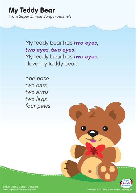 My Teddy Bear Lyrics Poster - Super Simple Bear Theme Preschool ...