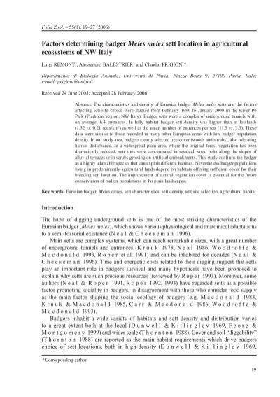 Factors determining badger Meles meles sett location in agricultural ...