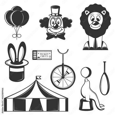 Vector set of circus isolated icons. Black and white circus symbols and ...