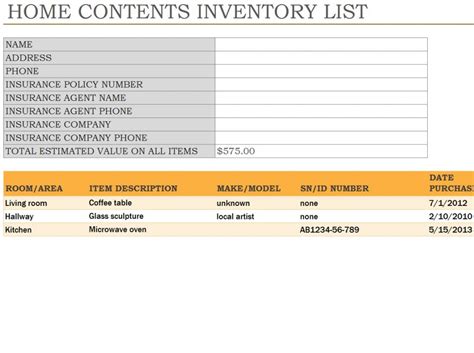 Home Inventory Spreadsheet | Home Inventory Template